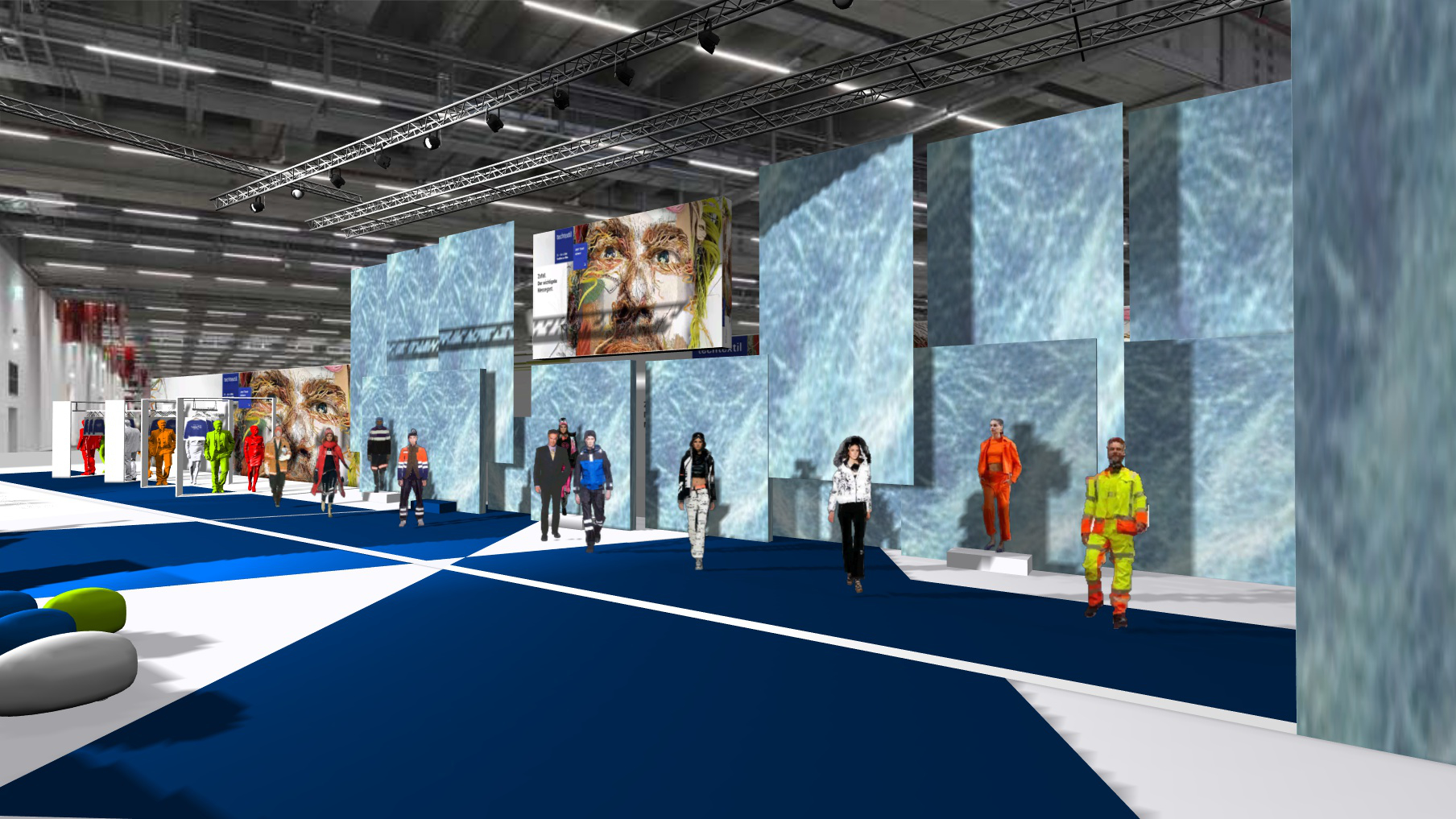 Modenschau mit Arbeits- und Schutzkleidung in einer Messehalle
